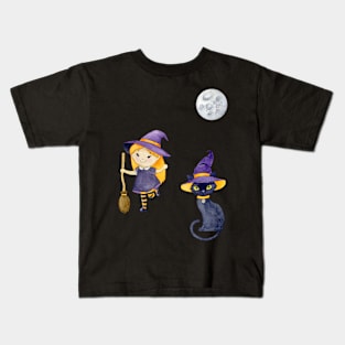 Halloween Witch Cat Kids T-Shirt